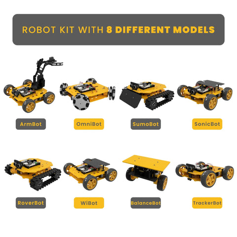 8in1 Coding Robot Kit for Adults With 8 Models and 3 Wheel Options, DIY Smart Car Kit for Beginners and Pros, Learn Python and Block Coding, Remote WiFi Controlled Robot Set, 8 In One Robotics Set for Creative Tech Projects. Eight yellow robot models