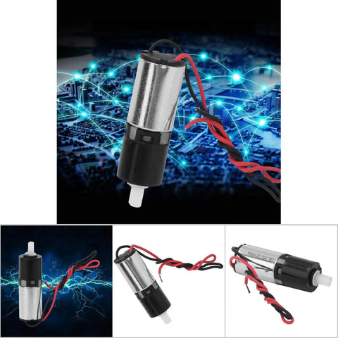 Garosa 6mm geared motor four-view collage with red/black wires, metal housing and white shaft