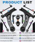 Gariqe 12-piece suspension kit for Toyota Corolla with black control arms, ball joints, tie rods, sway bar links, boots and bellows.
