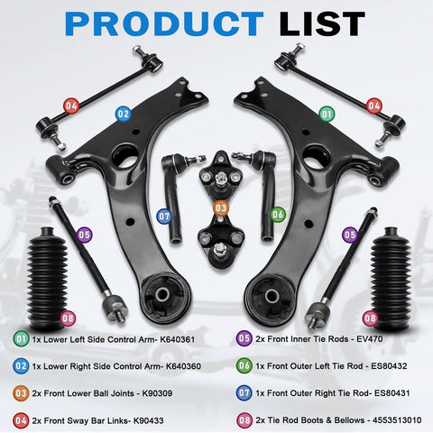 Gariqe 12-piece suspension kit for Toyota Corolla with black control arms, ball joints, tie rods, sway bar links, boots and bellows.
