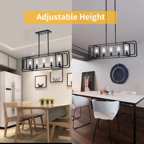 Modern Farmhouse 5 Light Kitchen Island Pendant Chandelier In Black Metal, Adjustable Rotatable Frame, dining room view.