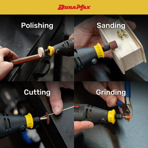 Image displaying 40-Piece Rotary Tool Kit With Variable Speed 8,000 To 30,000 RPM, 120V Corded in use for sanding, polishing, cutting, grinding.