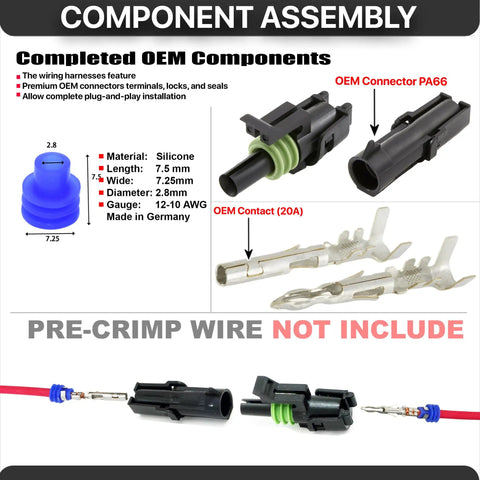 Ultimate 1 Pin Weather Pack Connectors For 10 And 12 Gauge Wire Featuring Tough Male Female Terminals With Seals And Housing Shrouds For Quick Disconnects Made To Rock In Any Automotive Electrical Setup. Silicone seal, PA66 housing, 20A contact.