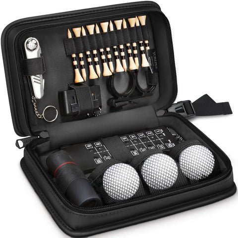 All In One Golf Accessories Kit For Men With Leather Case Including 3 Golf Balls, 12 Tees, Multifunctional Divot Knife, Monocular
