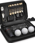 All In One Golf Accessories Kit For Men With Leather Case Including 3 Golf Balls, 12 Tees, Multifunctional Divot Knife, Monocular, Scorer, Golf Ball Clip And Brush, Ultimate On Course Gear For Serious Golfers, open case view.