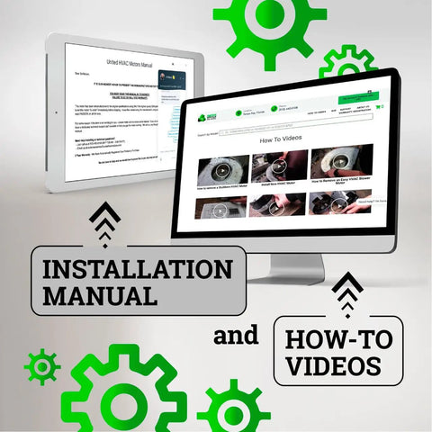 Installation manual and how-to videos for Remanufactured Blower Motor Ecm X13 3/4 Hp displayed on tablet and monitor.