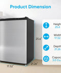 Compact 3.0 Cubic Foot Upright Freezer With Seven Adjustable Temperature Controls And A Sleek Silver Design dimensions display.