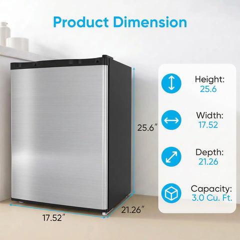 Compact 3.0 Cubic Foot Upright Freezer With Seven Adjustable Temperature Controls And A Sleek Silver Design dimensions display.