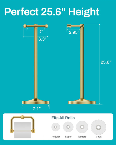 Heavy Duty Freestanding Toilet Paper Holder Stand In Matte Gold Frame, 25.6 inches tall, fits all roll sizes.