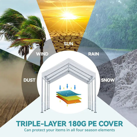 12x20 Carport Replacement Canopy Cover With Edge White Top Shelter For Carport Frame Not Included Ball Bungees Included Heavy Duty 180G M2 PE Fabric Built To Last Outdoor Use, weather elements protection illustration, wind, sun, rain, snow, dust, triple-layer 180G PE cover