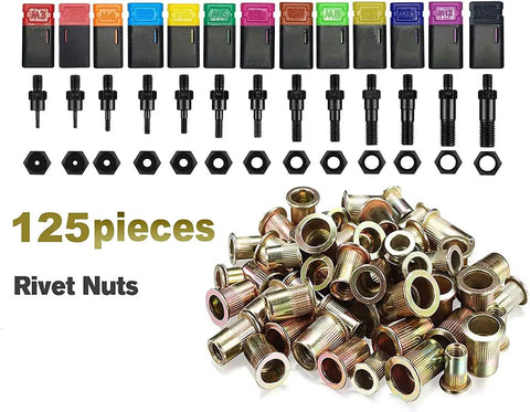 125 rivet nuts, 13 mandrels displayed for 16 Inch Hand Rivet Nut Tool Kit With 13 Mandrels And 125 Rivet Nuts Pro Grade Setter