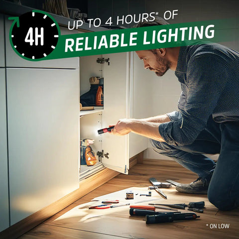 Man using Rechargeable Pen Light Flashlight X 400 Tiny But Mighty Pocket Size Workhorse Ultra Bright LED IPX4 Water Resistant Lightweight and Durable USB Charging Cable Included Everyday Carry for Work Camping and Daily Tasks for cabinet work.