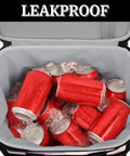 Open Insulated Picnic Backpack Cooler For All Day Grab N Go Adventures with red cans and ice inside, showing leakproof feature.