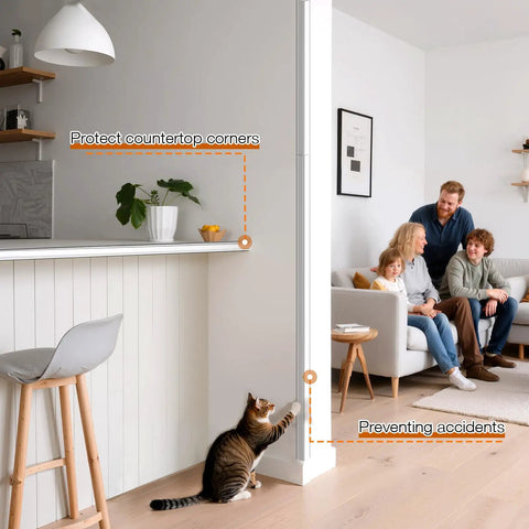 Top Shelf 4 Pack Clear Wall Corner Protectors 48 Inch Long Transparent PVC Edge Guards in a kitchen, protecting corners from impact.
