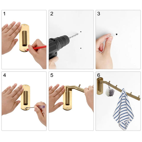 Installation steps for Heavy Duty Wall Mount Clothes Hanger Rack With Swing Arm 5 Gold Hooks in laundry room setup