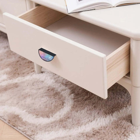 Drawer with 2 Pack Rainbow Bokeh Glitter Cabinet Handles With 3 Inch Hole Centers Semicircle Drawer Pulls in black zinc alloy.