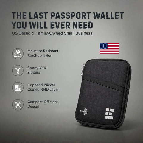RFID Blocking Passport Holder And Travel Wallet Zippered Compact Organizer for men and women in premium midnight black.