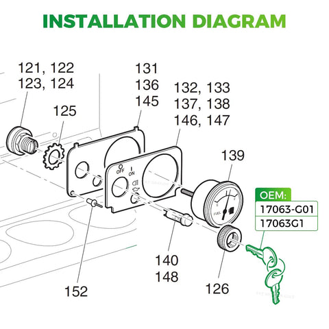 Installation diagram showing components for Top Shelf 25 Pack Of Ezgo Golf Cart Keys delivery for TXT RXV models.