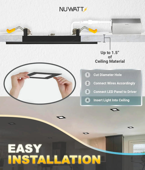 Easy installation steps for Six Pack 6 Inch Ultra Thin LED Recessed Lighting With Five CCTs Selectable shown with hands fitting light