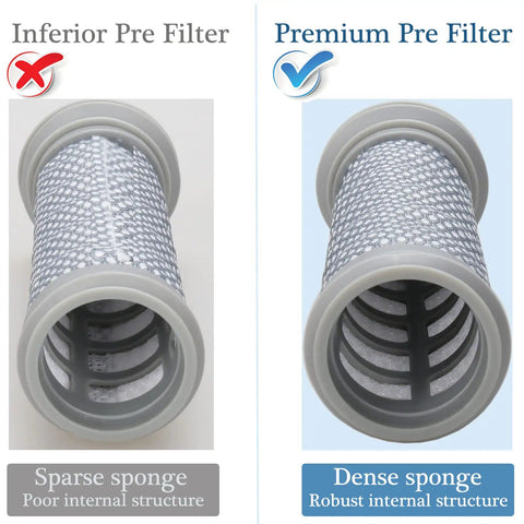 4 Pack Replacement Pre Filters For A10 A11 Hero Master Vacuums And Pure One S11 S12 Cordless Stick Vacuums comparison showing sponge density differences.