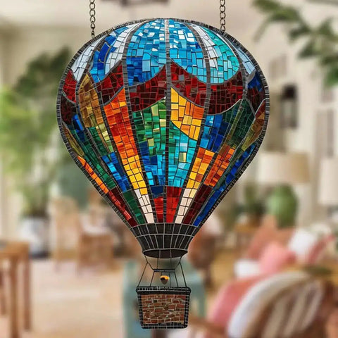 Vibrant Mosaic Style Hot Air Balloon Suncatcher Hanging Ornament For Windows Garden And Patio Decor Crafted In Acrylic