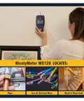Professional Digital Wall Stud Finder And Voltage Scanner in use on wall locating hidden pipes and wires.