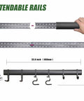 Heavy Duty Wall Mounted Tool Rack With Six Aluminum Hooks For Garage, Shed Or Workshop, showing extendable tracks and hooks.