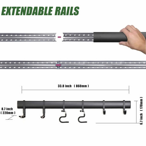 Heavy Duty Wall Mounted Tool Rack With Six Aluminum Hooks For Garage, Shed Or Workshop, showing extendable tracks and hooks.