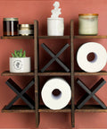 Tic Tac Toe Themed Toilet Paper Holder Stand And Wall Shelf Decor In Rustic Wood Bathroom Organizer For Toilet Tissue Freestanding Or Wall Mounted Storage Farmhouse Style No Fuss showing tic tac toe pattern with shelves.