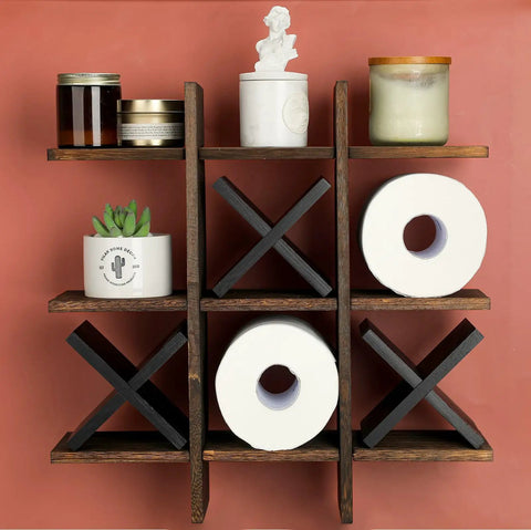 Tic Tac Toe Themed Toilet Paper Holder Stand And Wall Shelf Decor In Rustic Wood Bathroom Organizer For Toilet Tissue Freestanding Or Wall Mounted Storage Farmhouse Style No Fuss showing tic tac toe pattern with shelves.