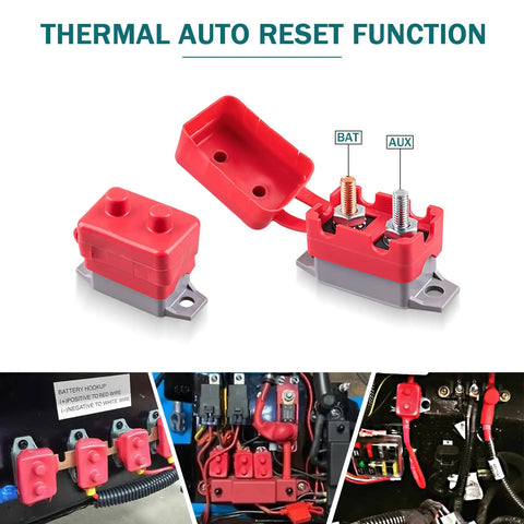 Two Pack 30A DC Circuit Breaker With Auto Reset For 12V And 24V Systems, Thermal Overcurrent Protection, Rugged Auto Reset Design, Easy Install With 10 32 Terminal Block, Perfect For Auto Marine RV Wiring And Power Circuits, red breaker with BAT and AUX terminals