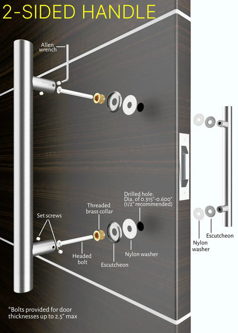 36-Inch Dope Modern Stainless Steel Door Handles In Brushed Nickel Finish With Solid Mounting Standoffs For Interior And Exterior Doors Push-Pull Door Bar For Commercial Or Barn Doors Round Shape, 2-sided installation diagram
