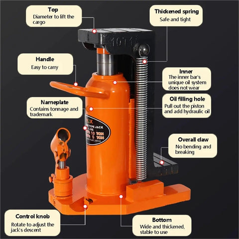 Heavy Duty Hydraulic Toe Jack With Dual Lift Design Rated For Five Ton Foot And Ten Ton Top Capacity Lifts Heavy Loads Like A Champ Smooth As Silk Garage Essential For Pro Mechanics And DIYers with detailed labels.