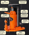 Pro Grade Hydraulic Toe Jack With 5 Ton And 10 Ton Lifting Capacity dual foot with labeled parts and features for easy use in shops.