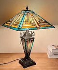 Tiffany Style Table Lamp With Nightlight 16 Inch Green Handcrafted Stained Glass Desk Lamp For Reading Three Bulbs Mission Style