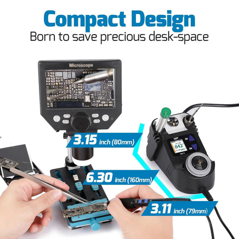 Micro Soldering Kit With 5 C210 Tips, Pro Grade Precision Station, LCD Display, Hands Using Soldering on Small Components