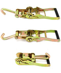 Bombproof 2 Inch Ratchet Buckle With Fixed J Hook Replacement Kit for Heavy Duty Tie Down Straps, showing three angles of a durable buckle.