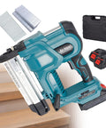 Heavy Duty Cordless Brad Nailer And 2 In 1 Electric Stapler with battery, staples, and carry case on wooden stairs.