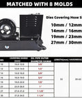 Heavy Duty Electric Hydraulic Hose Crimper With 110V Power And Eight Steel Dies for sizes 10mm to 30mm shown with detailed specs.