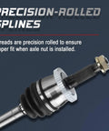 Close-up of precision-rolled spline on Front CV Axle And Wheel Bearing Hub Kit For 1999 2000 2001 2002 2003 2004 Jeep Grand Cherokee Non ABS 5 Lug 4WD Replacement Assembly Set Including Driver Side And Passenger Side Axles And Hubs Beefed Up For Tough Long Lasting Performance.