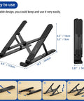 Ergonomic Laptop Stand For 10 To 14 Inch Laptops Portable Riser With 8 Adjustable Angles From 25 To 45 Degrees And Height From 3.5 To 6.3 Inches Fits Notebook Computers Black, showing foldable design and dimensions