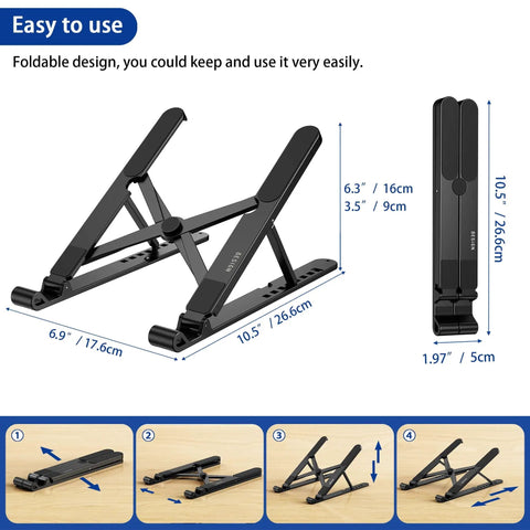 Ergonomic Laptop Stand For 10 To 14 Inch Laptops Portable Riser With 8 Adjustable Angles From 25 To 45 Degrees And Height From 3.5 To 6.3 Inches Fits Notebook Computers Black, showing foldable design and dimensions