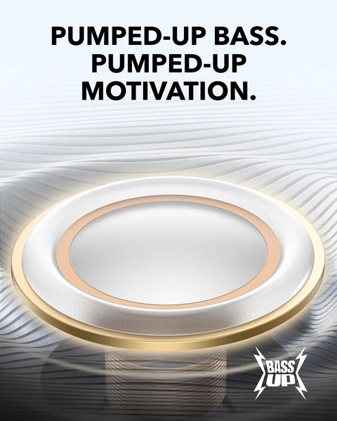 Close-up of Sport X20 True Wireless Workout Earbuds speaker with BassUp technology, showing circular design for deep bass.