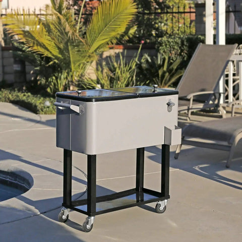 80 Quart Rolling Cooler On Wheels For Backyard BBQ And Patio Parties, Ice Chest With Shelf, Bottle Opener, Stand, Gray Beverage Cart