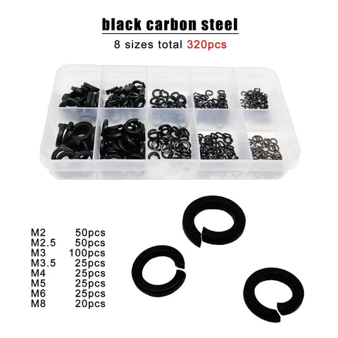 320 Piece M2 To M8 Stainless Steel Black Spring Split Lock Washers And Elastic Gasket Assortment Kit That Keeps Nuts And Bolts Tight On Vibration Heavy Duty Hardware Set With M2 Through M8 Sizes. Black carbon steel lock washer kit in organizer box