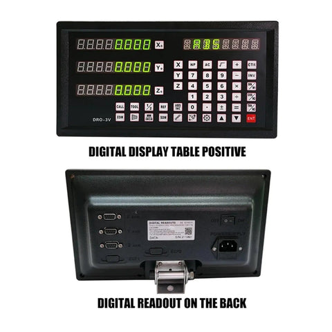 Front and back view of Digital Readout Display Kit With 3 Piece 0-1000mm Linear Scales Encoder for Milling Machines Lathes Drilling