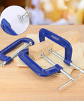 Four Pack 5 Inch Blue C Clamps Heavy Duty Iron Clamps for Woodworking, Welding, and Automotive Use Secure Brake Calipers DIY Projects Building Maintenance and More for DIYers, blue C-clamps on wood