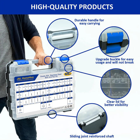 Built Tough Stainless Steel 304 Bolt Nut And Washer Assortment Kit 1575 Pieces with durable handle for easy carrying.