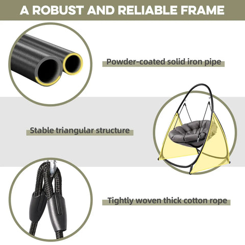 Detailed view of hammock hanging chair with stand round shaped swing chair for indoor or outdoor use with padded cushion