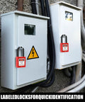 10 Pack Lockout Tagout Padlocks For Stations And Devices, Keyed Differently, Red Plastic Unibody Locks with Two Keys Per Lock, shown installed on electrical boxes.